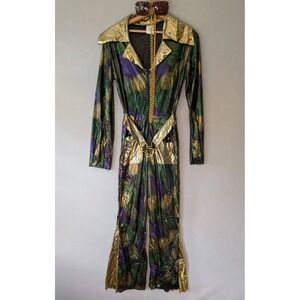 PMG Halloween Disco Fever Lame Pantsuit Adult Small Belt Gold Chain Glasses READ